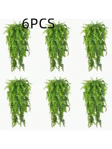 6 pcs Artificial Hanging Ferns Plants, Artificial Hanging Boston Fern False Ivy Fake Green Fern Plastic Rattan Realistic Appearance, No Maintenance Required for Indoor Wall Porch Wedding Party Holiday Decor 35.4inch