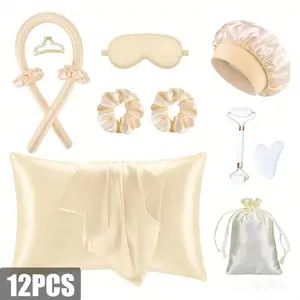 12PCS Champagne No-Heat Curling Set, Velvet Hair Curlers to Sleep in Satin Bonnet Curl Styling Kit for Friends, Girl, Women, Mom