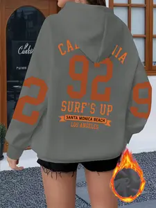 Women's Casual Sport Hoodie, California Surfing Santa Monica Beach Print, Fall & Winter Fitted Drawstring Sweatshirt, Warm Comfortable Top