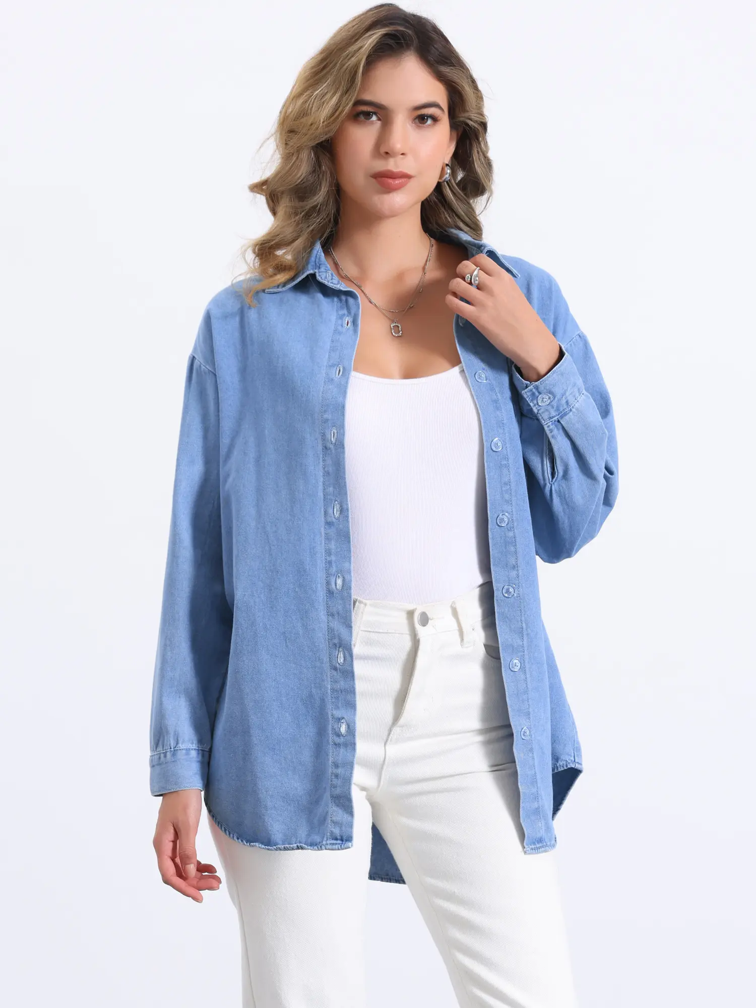 INSPIRE CHIC Women's Casual Denim Shirt Spring Long Sleeve Button Down Chambray Jean Shacket Top