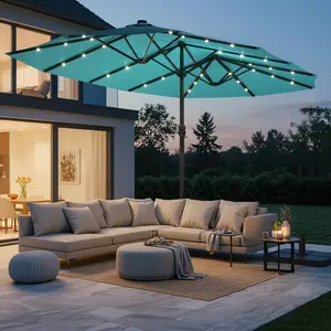 EROMMY 15x9ft Large Patio Umbrella - Outdoor Shade Canopy, Solar LEDs, Double-Sided Design, Crank & Base Included, Ideal for Garden & Poolside