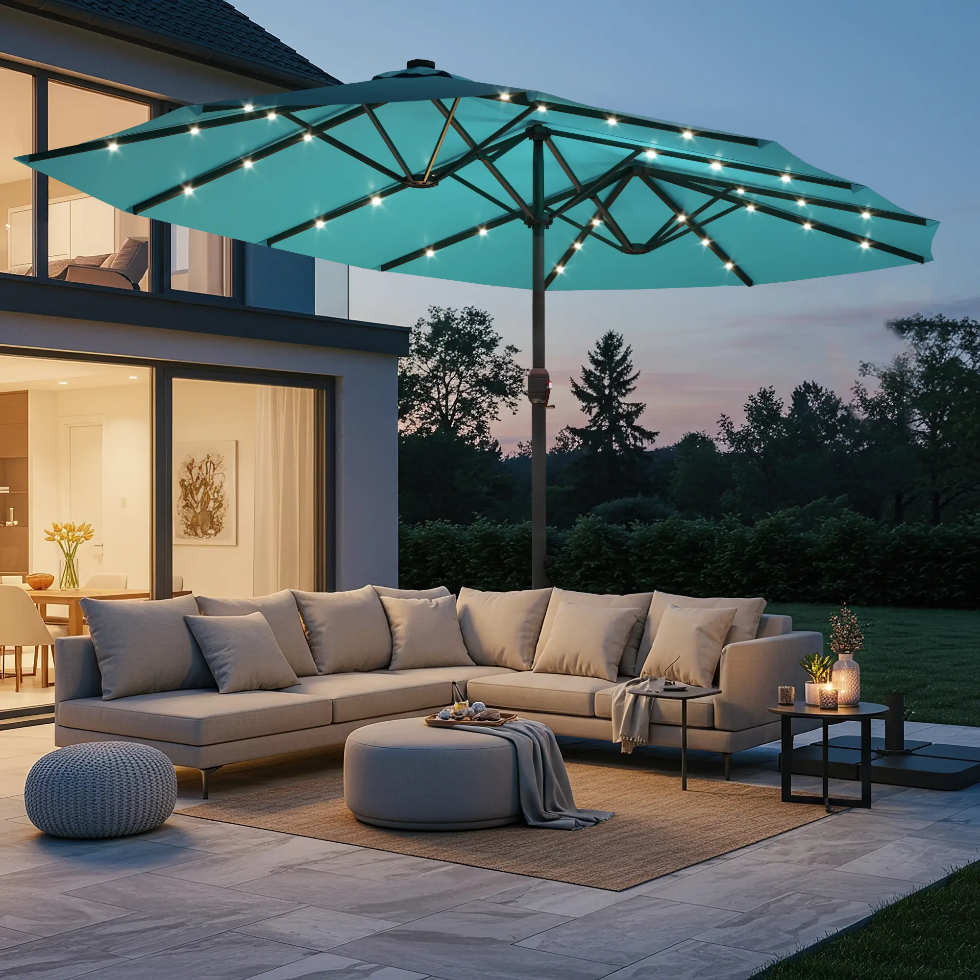 EROMMY 15ft Large Patio Umbrella with Solar LED Lights, Double-Sided Outdoor Umbrella with Crank & Base, Perfect for Garden, Deck & Poolside