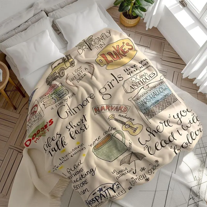 Gilmore Girls Hand-Drawn Art Flannel Throw Blanket - Iconic TV Show Design, Quotes Background, Cozy Plush Warmth for Christmas Evenings