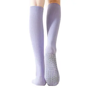 Women's Knee High Compression Yoga Socks with Grips, Ribbed Non-Slip Pilates & Dance Calf Socks
