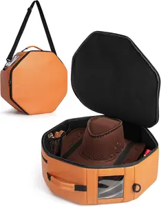 Vegan Leather Hat Box Fits 4 Cowboy or Wide-Brim Hats, Padded Storage Case with Shoulder Strap & Trolley Sleeve for Travel or Home Storage, Brown