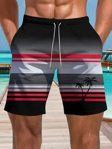 Men's Fashion Trendy Tropical Patterned Shorts with Pockets, Casual Breathable Elastic Waist Drawstring Shorts, Loose-Fitting for Outdoor