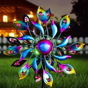 360Peacock Solar Wind Spinner with Lights Blue Metal Garden Outdoor Decor Yard Lawn Art Decor for Patio Kinetic Windmills  Gifts for Friends and Family 51.9' H x 12.2'' Dia