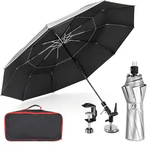 60" Folding Umbrella with Magnetic Base, Universal Clip Included, Reinforced Fiberglass, Wind-Resistnat, Portable Magnetic Umbrella, For and Outdoor Activities, 180°Adjustable