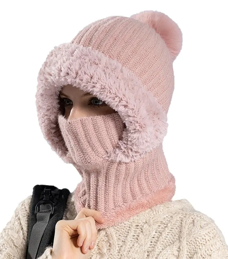 3-in-1 Winter Fleece-Lined Knit Hat with Neck Warmer, Windproof Warm Fashion Accessory for Outdoor Cycling, Travel