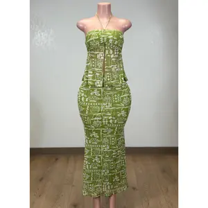 LUANA OLIVE MESH PRINTED HALTER TOP & MAXI SKIRT SET