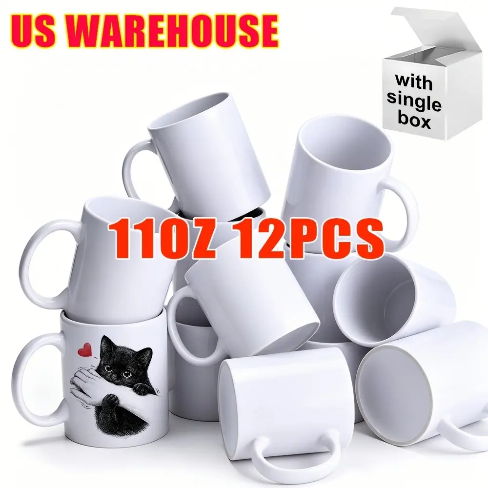 US Stocks 12pcs 11oz White Ceramic Sublimation Mugs Bulk Sublimation Coffee Mugs, Single White Box Packaging, 11oz White Ceramic Blank Cups for Heat Transfer Holiday Gifts