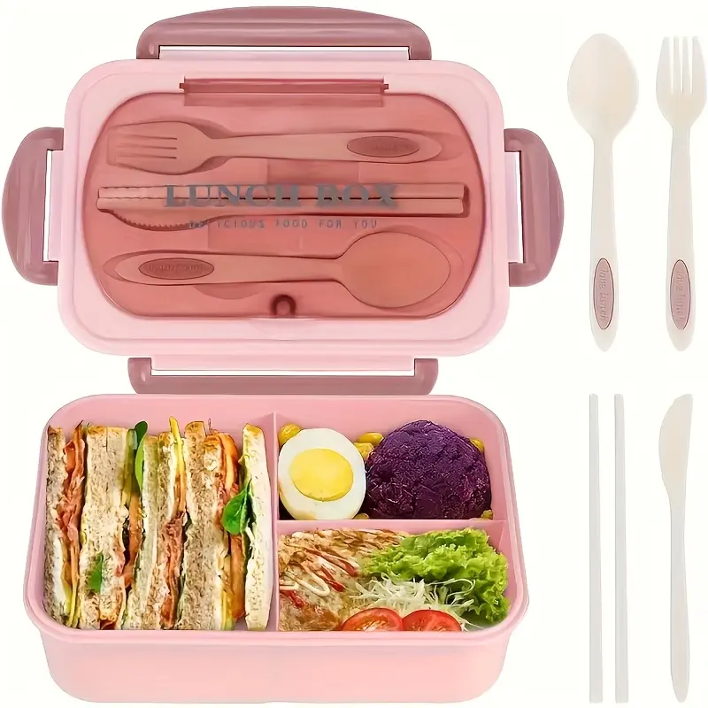 Pink 3-Layer Plastic Children's Bento Box, Microwave-Safe Leak-Proof Portable Container with Locking Lid, Multiple Compartments, Included Utensils for School Use