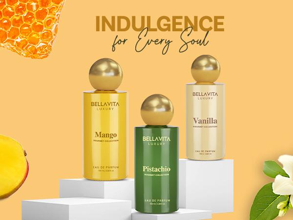 The Sweet Indulgence Trio by Bellavita Luxury | Perfume Combo Gift Set | Gourmand Dessert Collection 3×100 ml | Long Lasting Unisex Perfumes | Pistachio, Mango & Vanilla | Vegan & Cruelty Free Eau De Parfum