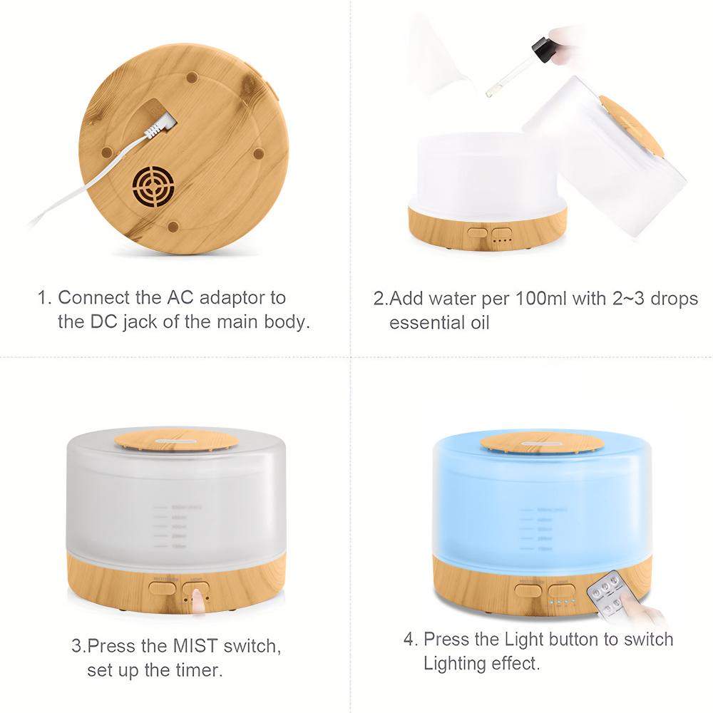Wood Grain Essential Oil Diffuser and Humidifier (500ml x2) with Remote  Ultrasonic Cool Mist Diffuser, 7 Color LED Lights, Includes 12 Bottles of Essential Oils - Aromatherapy for Home & Office