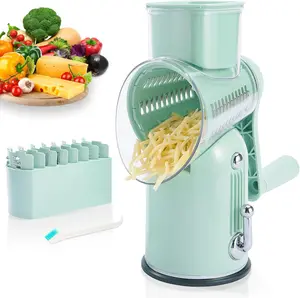 Manual Rotary Cheese Grater with Handle, 5 in 1 Replaceable Stainless Blades Cheese Shredder,Strong Suction Base Vegetable Slicer with Cleaning Brush & Bonus Storage Box for Blades (Green) ENERGEVITY