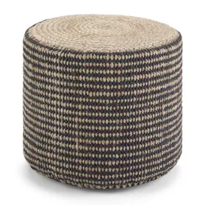 360 stand Small Size Round Form Pouf Ottoman, 14x18x18 in, Brown Jute Fabric Cover, Polystyrene Filling, Indoor Furniture Stool & Bench