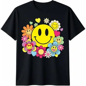 100% Cotton Retro Smile Face Flower Happy Face Flowers Heart Girls T-Shirt
