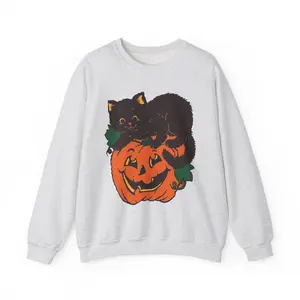 Halloween Cat Crewneck Sweatshirt, Cozy Fall Apparel, Unisex Sweater, Vintage Pumpkins Sweatshirt, Halloween Costume, Cat Lover Gift