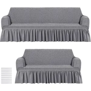 2 Pcs Sofa Slipcover Set for Couch Cushion Couch Cover with Skirt Washable High Elastic Stretchable Furniture Covers for Sofa Loveseat Arm Chair(Gray)