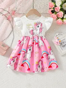 Baby girl summer sweet dreamy style+unicorn, rainbow, "Little Princess" print, ruffled sleeve design, short sleeved dress for birthday parties, Children's Day, etc