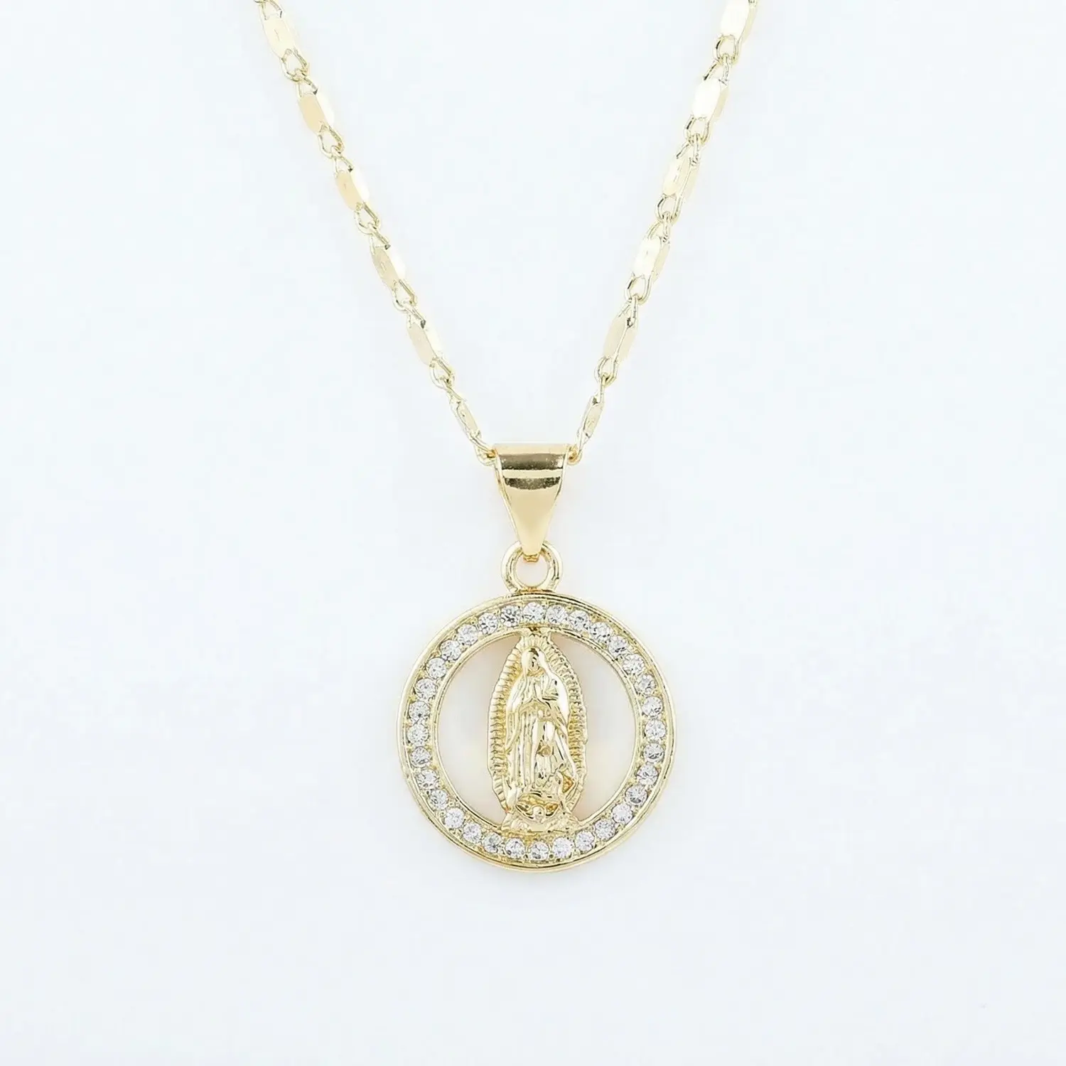 Trendytry 14K Gold Plated Virgin Mary Pendant Necklace with Zirconia Elegant Classic Style Sparkling Jewelry Gift for Women Chai Necklace