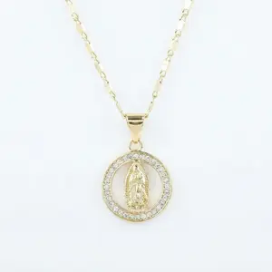 14K Gold Plated Virgin Mary Pendant Necklace with Zirconia Elegant Classic Style Sparkling Jewelry Gift for Women Chai Necklace