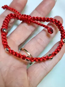 Handmade Red Macramé Bracelet with Silver Beads - Adjustable Sliding Knot