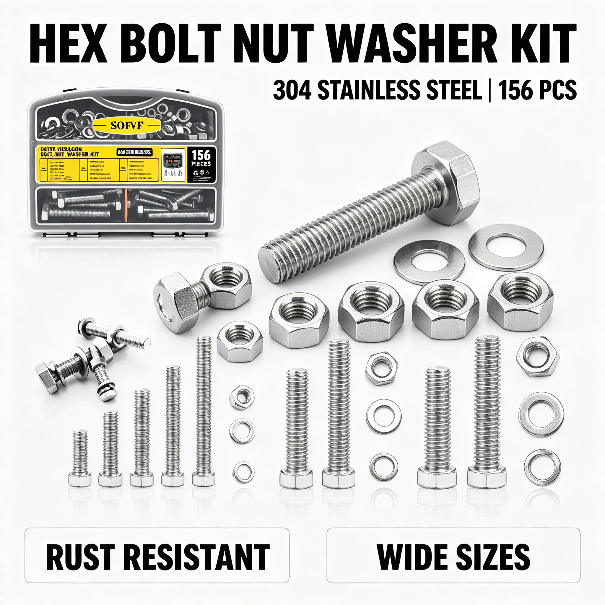156 Pieces 304 Stainless Steel M6/M8/M10 Hex Bolts Nuts Washers Assortment Kit, Anti-Rust Fully Threaded Outer Hex Screws with Flat & Lock Washers for Homeowners Pros, Furniture Bracket Construction Repair