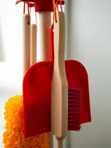 Wooden Detachable Kids Cleaning Set - Duster, Brush, Mop, Broom and Hanging Stand Play - Housekeeping Kit - STEM Toys for Toddlers Girls & Boys, Total 6 Pieces,Multi Color,10071