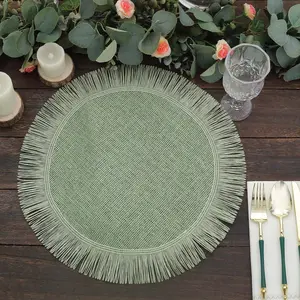 4-Pack Jute Placemats 16" Round Fringe Edge Design Sage Green - Rustic Burlap Dining Mats
