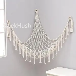 SleekHush 60in Room Organization Plush Toy Net Hand-woven Cotton Rope Wall Mounted Triangular Storage Corner Hanging Basket for Bedroom Dormitory Boho Decoration Large Capacity Durable Stretchable Easy Install