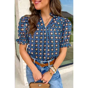 Women's Soft Sky Blue Retro Floral Print V-Neck Smocked Pleated Ruffle Detail Short-Sleeve Cotton Casual Top, Ideal for Jeans Pairing (Women's Clothes)