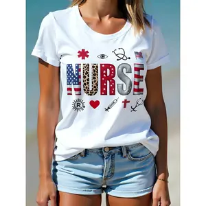 180g White Cotton Crew Neck Short Sleeve Graphic Nurse Print T-shirt for Women Healthcare Fashion Tee American Flag Leopard Print Summer Casual Clothing Gift for Nurses Plus size women