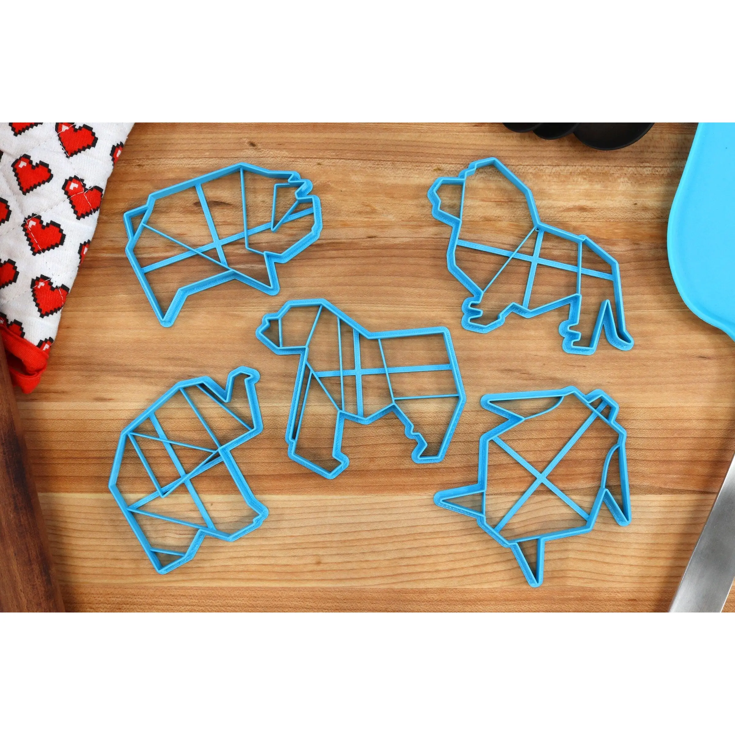 Origami Cookie Cutters Animals Set 2 - Origami Elephant, Gorilla, Lion, Pig, Turtle - Plastic Tin