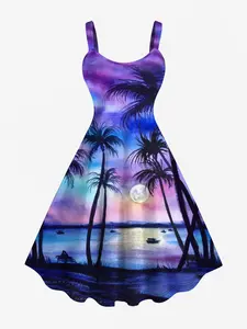 Rgothic Women's Plus Size Fit Polyester Chiffon A-Line Knee-Length Sleeveless Backless Strap Dress, Gradient Full Moon Coconut Tree Print, Flowy Multi-A Casual Wear for Spring Summer Beach