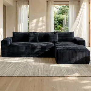【Deals For You】Joylsle Black/Gray 103“ Modern Corduroy Modular Sectional Sofa, Flexible L-Shaped Couch Convertible to Daybed for Movie Night, 2 Packages, Includes 1 Reversible Chaise & 2 Accent Pillows, Dark Blue，a cloud couch，sofas living room