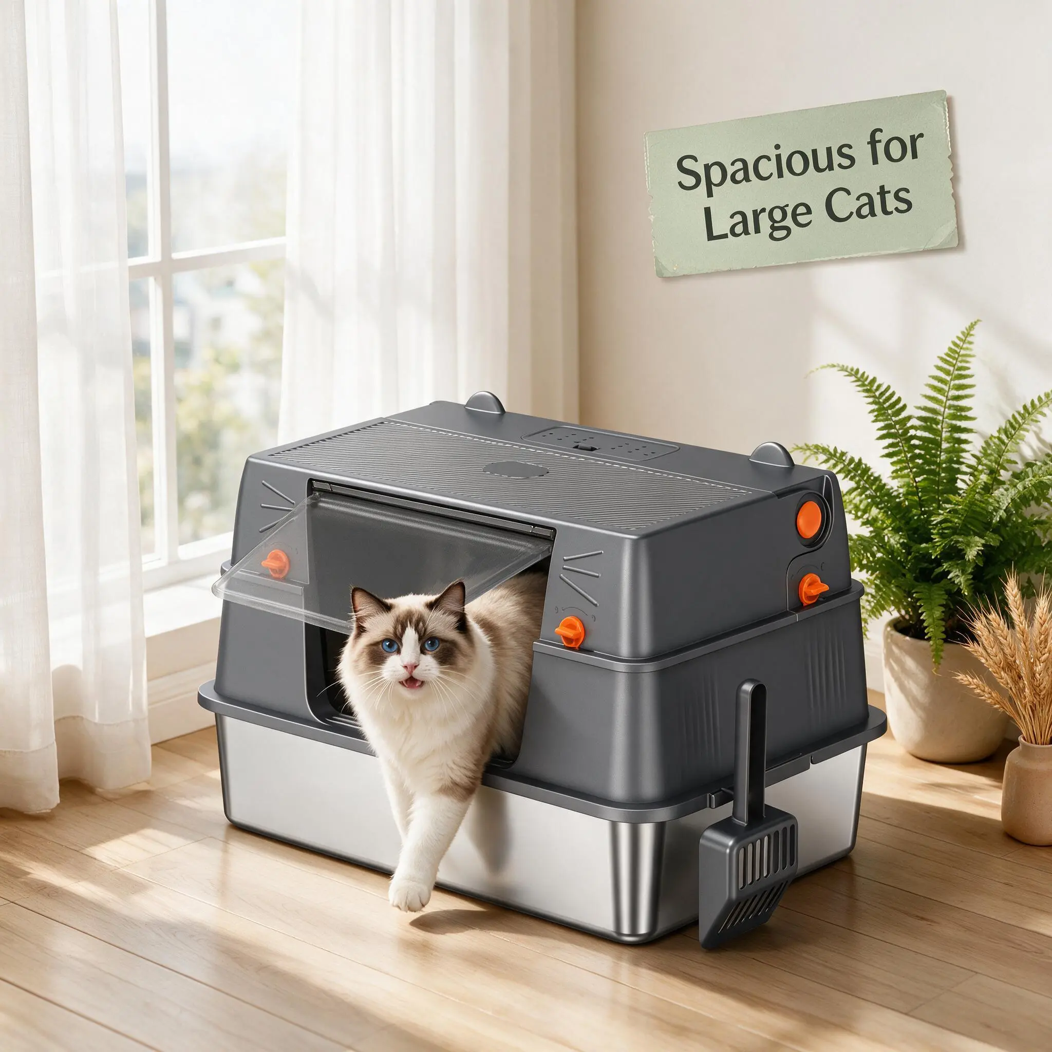3 in 1 Stainless Steel Cat Litter Box with Flip Lid, Extra Large Enclosed Kitty Litter Box, 100° Full Flip Cover Anti-Splash Cat Toilet, Detachable Metal Litter Pan, Include Litter Scoop for Large Cats & Multi-Cat Household
