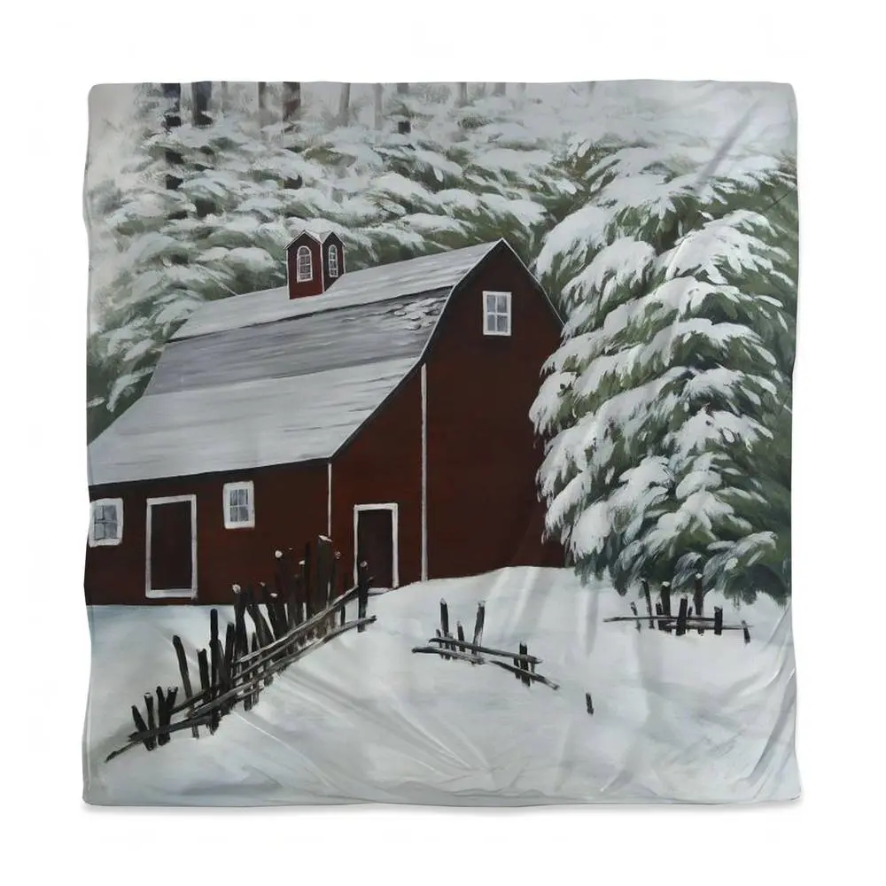 Begin Home Decor 3817-SWCQ-AR15 Queen Size Farmhouse Red Barn in Snow Printed Face Duvet Cover, Decorative Scandinavian Bedding for Living Room, Cozy Room Vibes