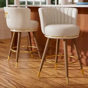 Counter Height Bar Stools Set of 2, 26 inch Swivel Upholstered Barstools with Backs, Grey Leather Kitchen Stools with Wood Legs and Footrest, Bar Chairs for Kitchen Island，Bar  stools  set of  2，