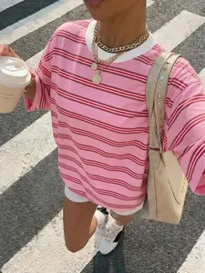 Women's Pink Green Striped Oversized T-Shirt, Womenswear, Y2K Streetwear Vintage Striped Loose Fit Tee, Summer Casual Short Sleeve Striped T-Shirt, For Daily Wear, Street Style, Vacation, Women's Retro Streetwear #summeroutfits