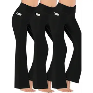 3pcs/Pack Pocket Yoga Pants, High Waist Slim Fit Flared Wide Leg Trousers, Sportswear & Dance Pants For Women
