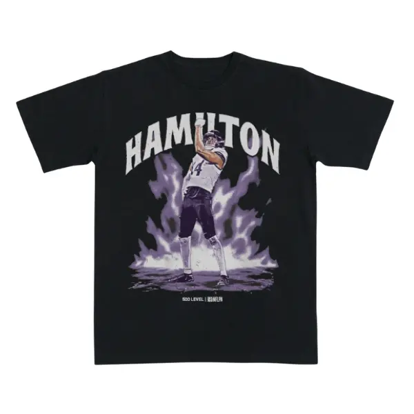 Purple Football Defensive Player Graphic T-Shirt – Vintage Catch Action Sports Tee, Retro Gridiron Game Day Shirt