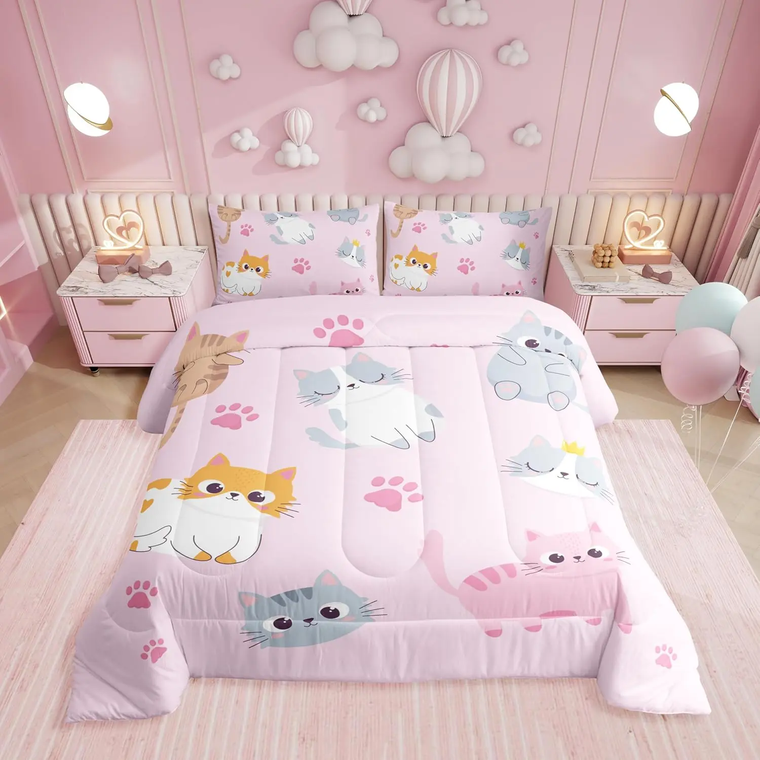 Feelyou Queen Microfiber Duvet Set - Kawaii Pink U-Stitching Breathable Blanket Bedding Set, Grey-Orange Reversible Fluffy Lightweight Duvetcovers with Cute Colorful Cat & Paw Prints for Kids' Bedroom Decor, Bed Comforter Set