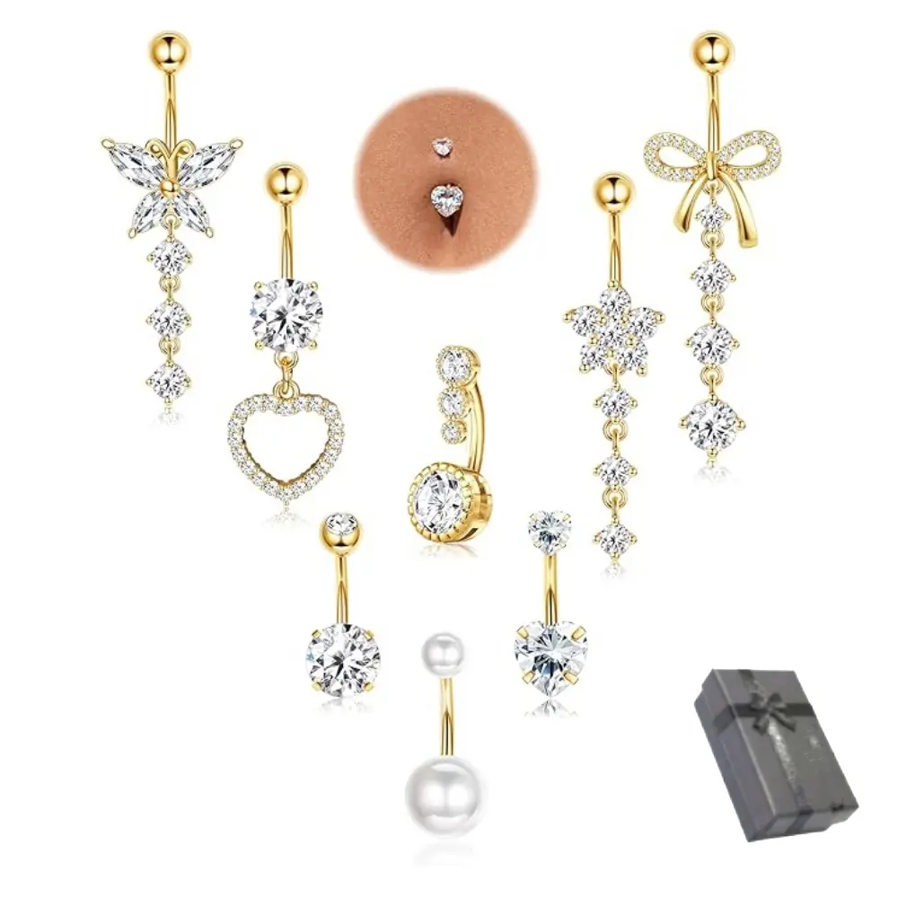 8 Pcs Belly Button Ring Dangle Hypoallergenic Surgical Stainless Steel Belly Rings for Women CZ Pearl Heart Butterfly Bow Flower Navel Piercing Jewelry Dangly Curved Navel Ring