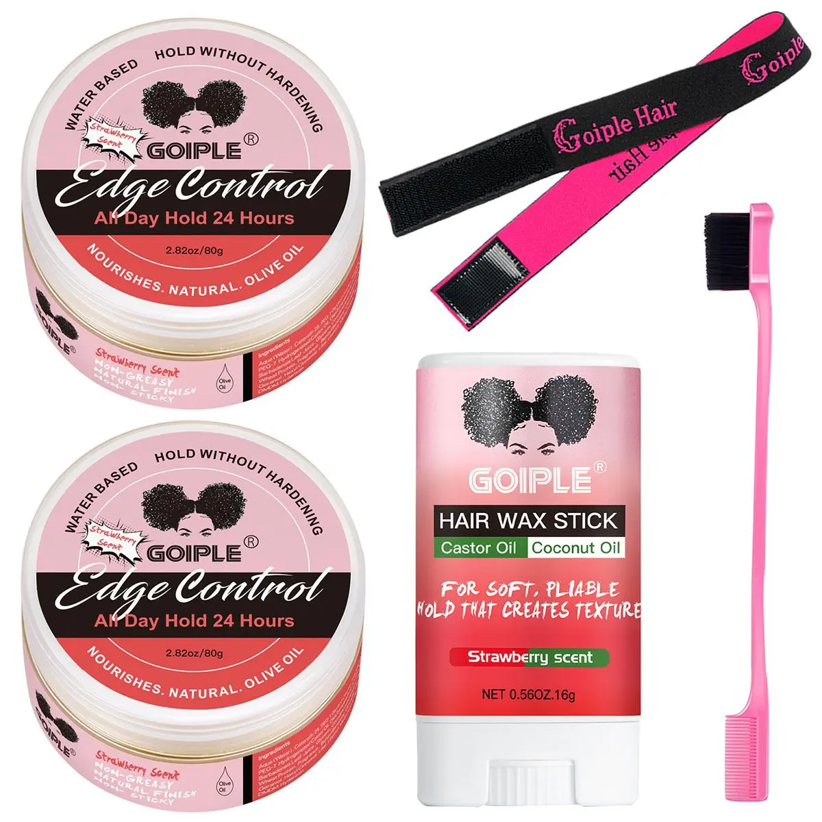 Edge Control Wax for Women - 5 Count Strong Hold, Non-Greasy, Smooth Edges with Strawberry Scent, Long Lasting Organic Haircare Nourishing Gel