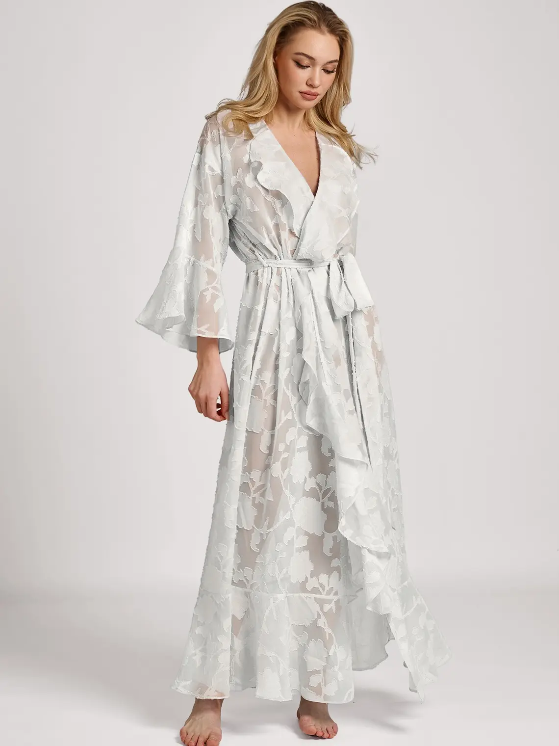 Azazie Floral Jacquard Ruffle Long Robe, Floral Texture Ruffle Trim Longline Tie Waist, Bridal Getting Ready Wedding Morning Photoshoot, Floral Jacquard Satin sohochic