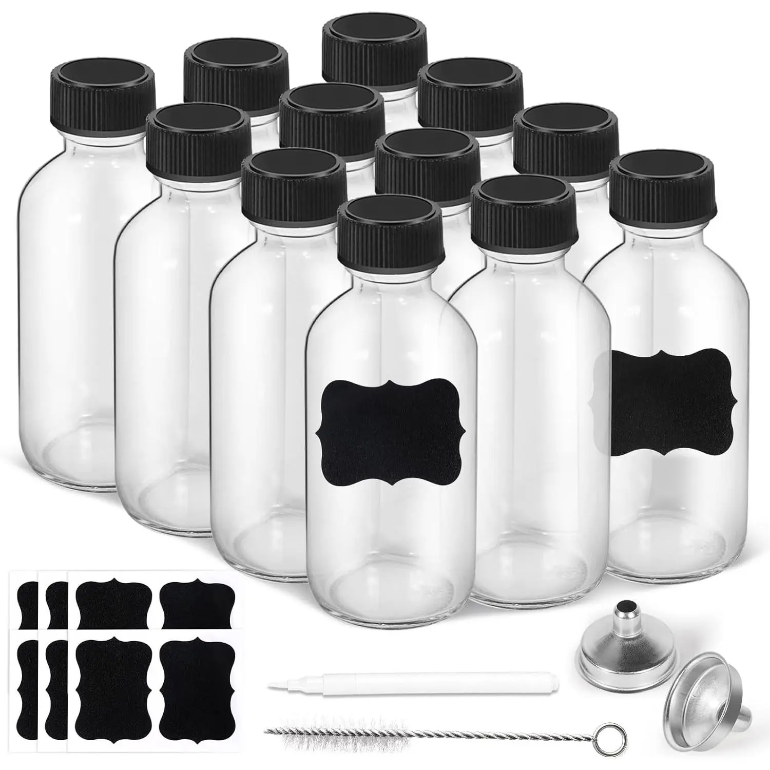 2oz Small Clear Glass Bottles with , 2 Stainless Steel Funnel, 12 Labels, 1 Chalk Marker, 1 Brush -  Boston Bottle for Juice, Ginger Shot, Wellness, Oils, Liquids, Leakproof Travel Bottle