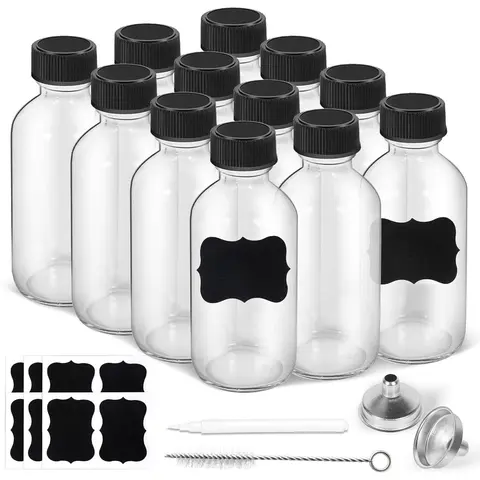 2oz Small Clear Glass Bottles with , 2 Stainless Steel Funnel, 12 Labels, 1 Chalk Marker, 1 Brush -  Boston Bottle for Juice, Ginger Shot, Wellness, Oils, Liquids, Leakproof Travel Bottle