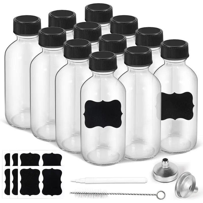 2oz Small Clear Glass Bottles with , 2 Stainless Steel Funnel, 12 Labels, 1 Chalk Marker, 1 Brush - Boston Bottle for Juice, Ginger Shot, Wellness, Oils, Liquids, Leakproof Travel Bottle