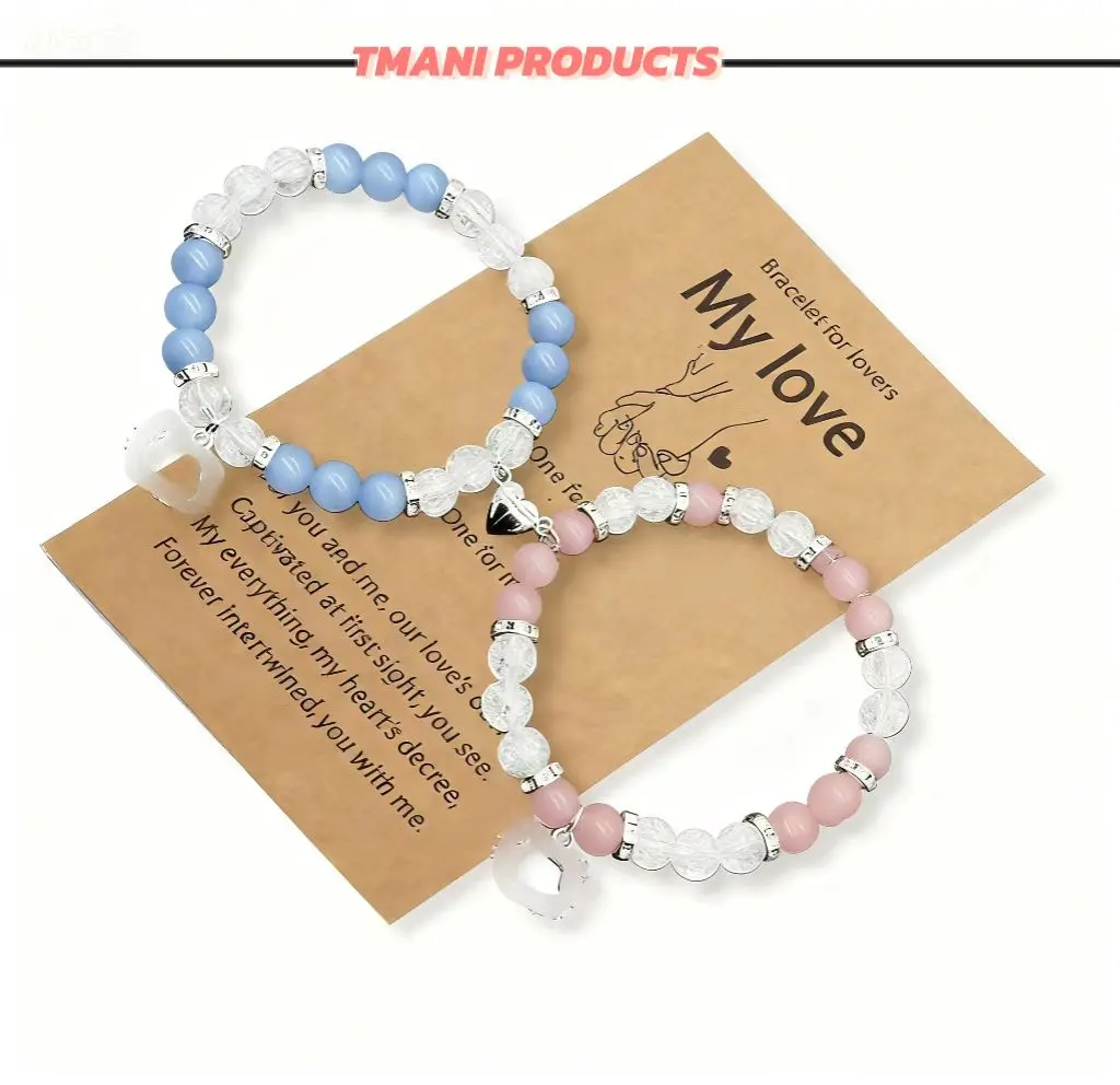 Elegant Unisex Heart-Shaped Rose Quartz & Chalcedony Beaded Bracelet with Kitty Pendant, Elastic Cord Cat's Eye Stone Matching Friendship Bracelets & Bangles for Couples Anniversary Gifts, Yes, Birthday, Magnetic Heart